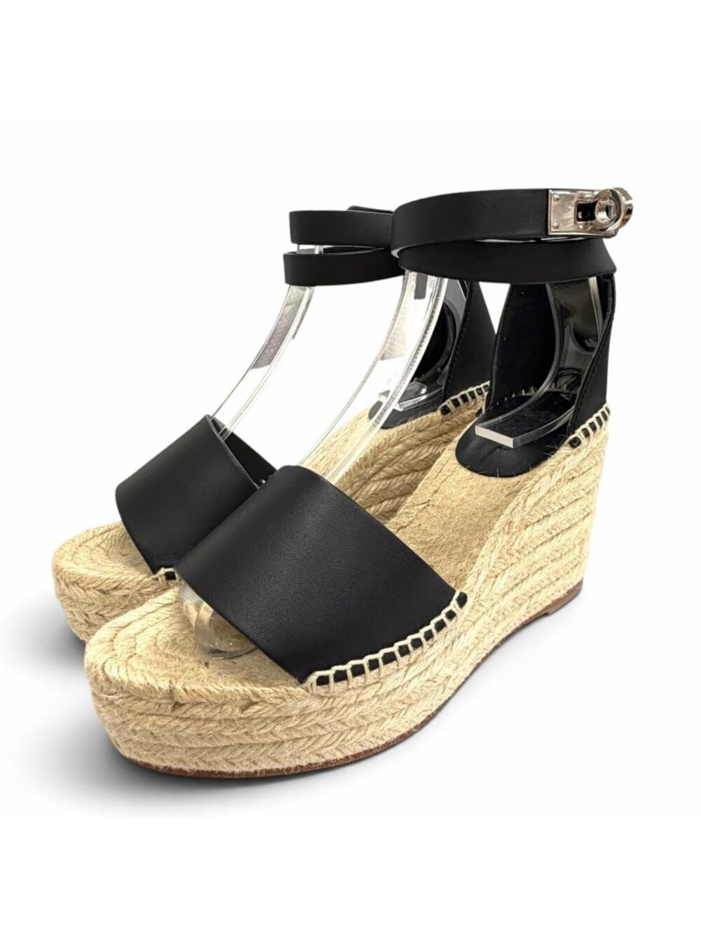 Hermes Tivoli Leather Kelly Buckle Ankle Strap Espadrille Wedge Sole Sandals